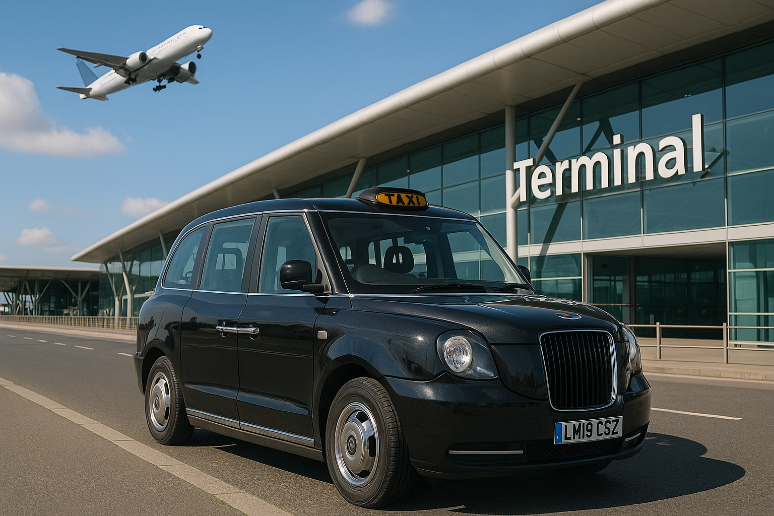 Taxi parked outside a modern airport terminal with a plane taking off overhead, representing Lightwater Taxis airport transfer service.