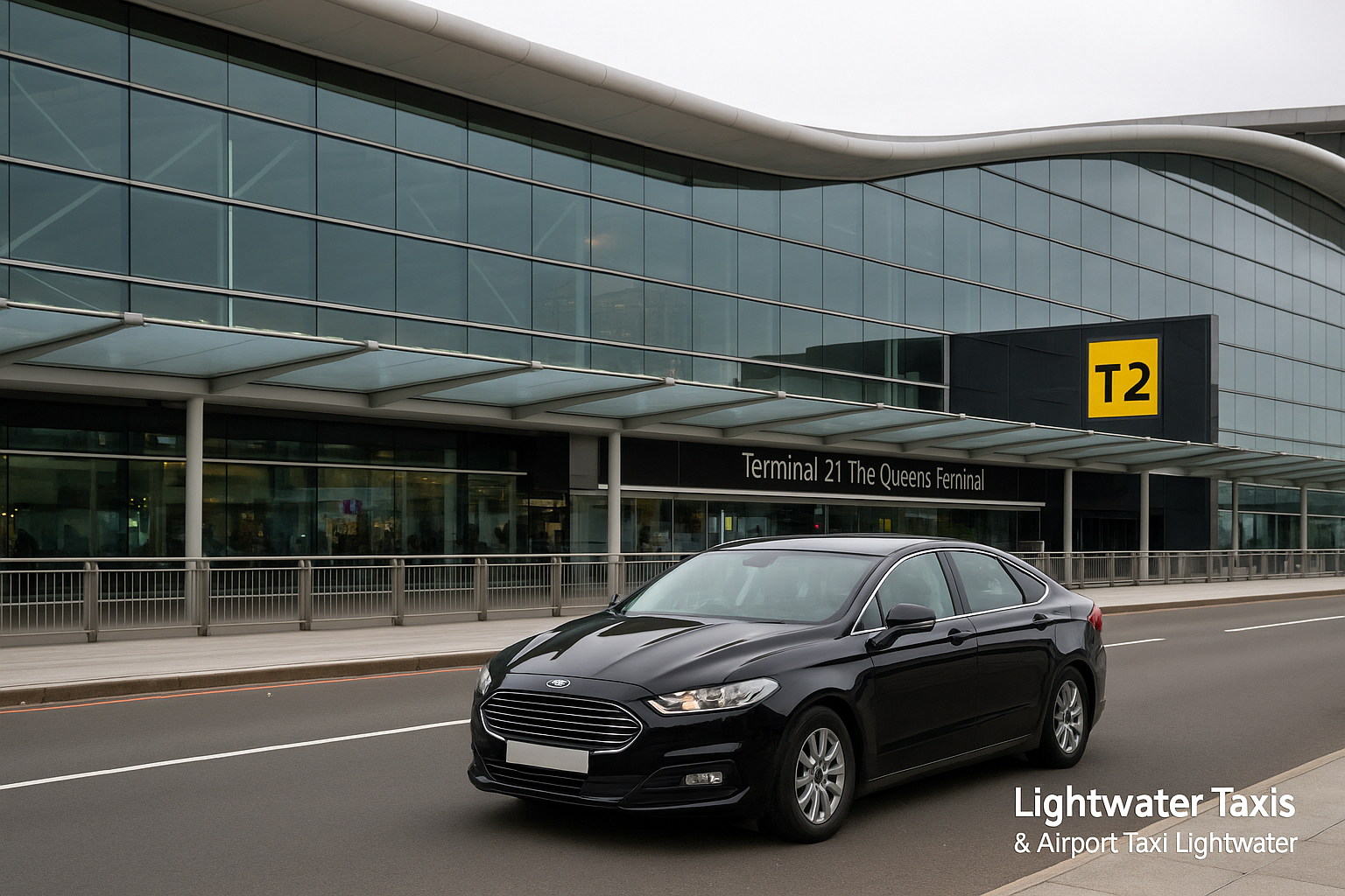 Taxi from Lightwater to Heathrow, Black private hire taxi parked outside Heathrow Terminal 2 with Lightwater Taxis & Airport Taxi Lightwater logo in the corner.