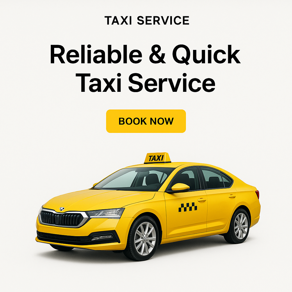 Yellow taxi car with “Reliable & Quick Taxi Service” headline and a Book Now button, used as the featured image for Lightwater Taxis homepage.