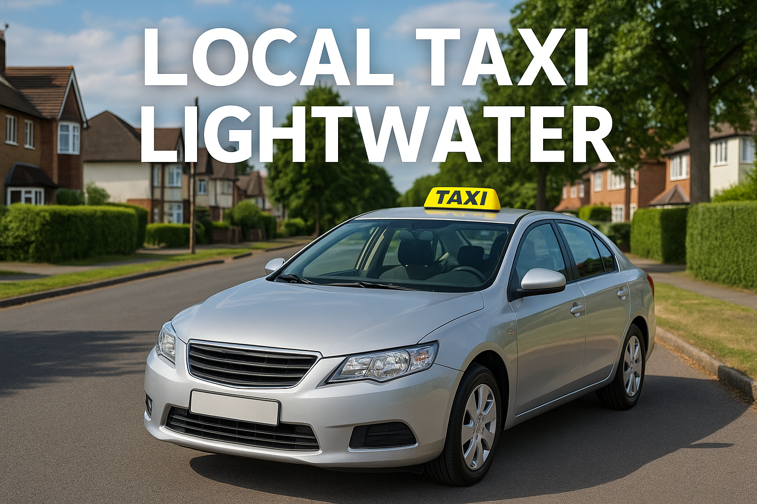 “Silver local taxi lightwater parked on a residential street in Lightwater with a yellow taxi sign on the roof.”